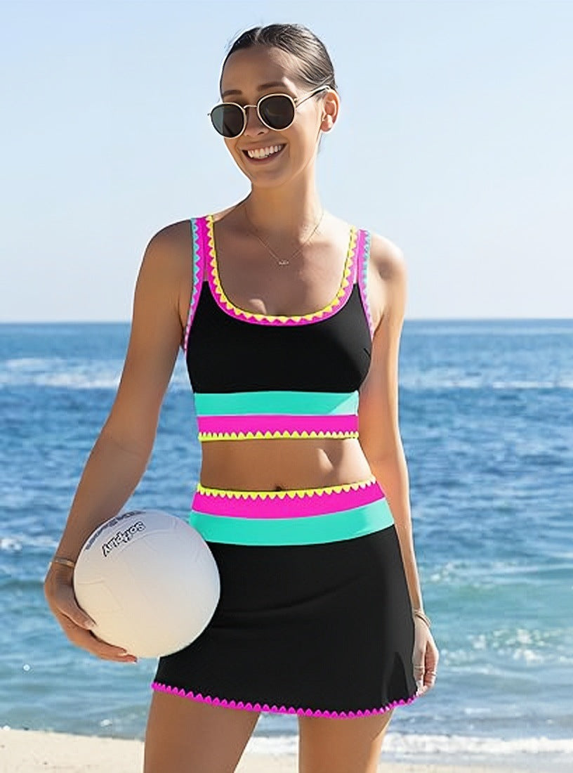 ⏳🔥50% OFF & Free Shipping🔥 ⏰Color Block Patchwork Nylon Sporty 3-Piece Bikini Set - High Waisted & Tummy Control Swimsuit👙🌈