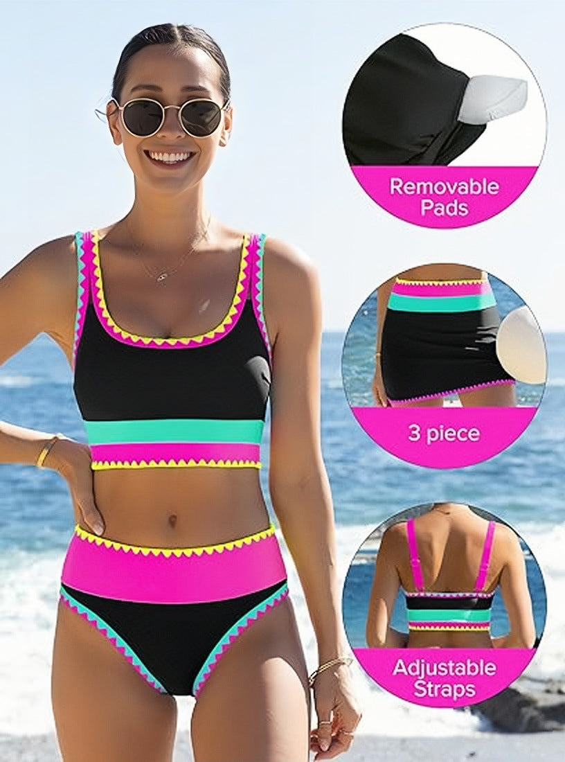 ⏳🔥50% OFF & Free Shipping🔥 ⏰Color Block Patchwork Nylon Sporty 3-Piece Bikini Set - High Waisted & Tummy Control Swimsuit👙🌈