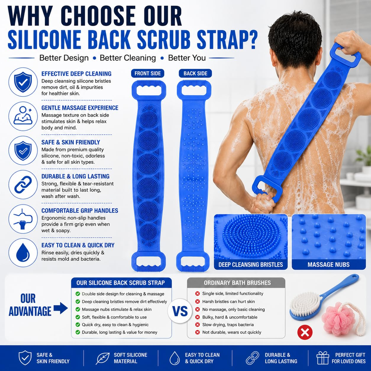 🧼Silicone Back Scrubber for Bath, Double-Sided Body Exfoliating Bath Brush with Soft Silicone Bristles