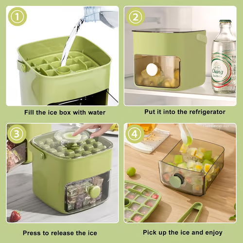 🥳2026 HOT SALE🏖️✅Essential for summer🥤🧊 Ice Cube Maker with Storage – 48 cubes at once, leak‑proof lid. Stackable, saves space. Includes ice scoop & tong.