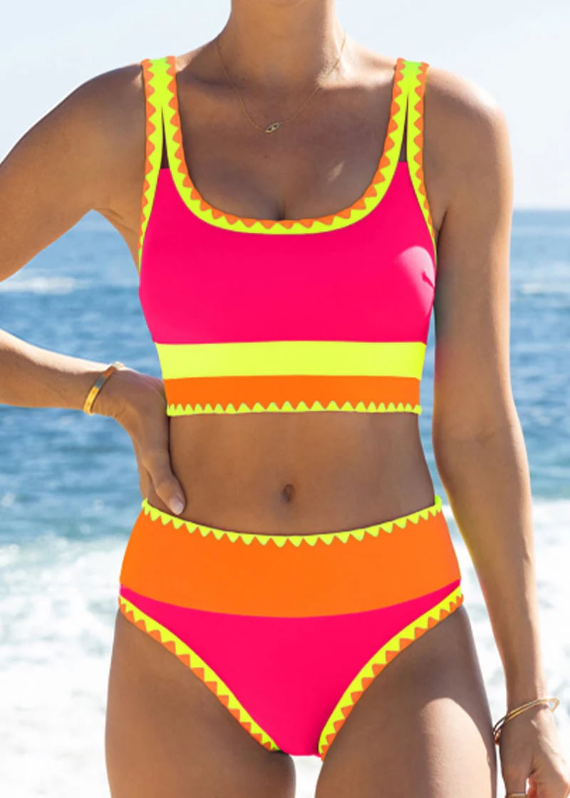 ⏳🔥50% OFF & Free Shipping🔥 ⏰Color Block Patchwork Nylon Sporty 3-Piece Bikini Set - High Waisted & Tummy Control Swimsuit👙🌈