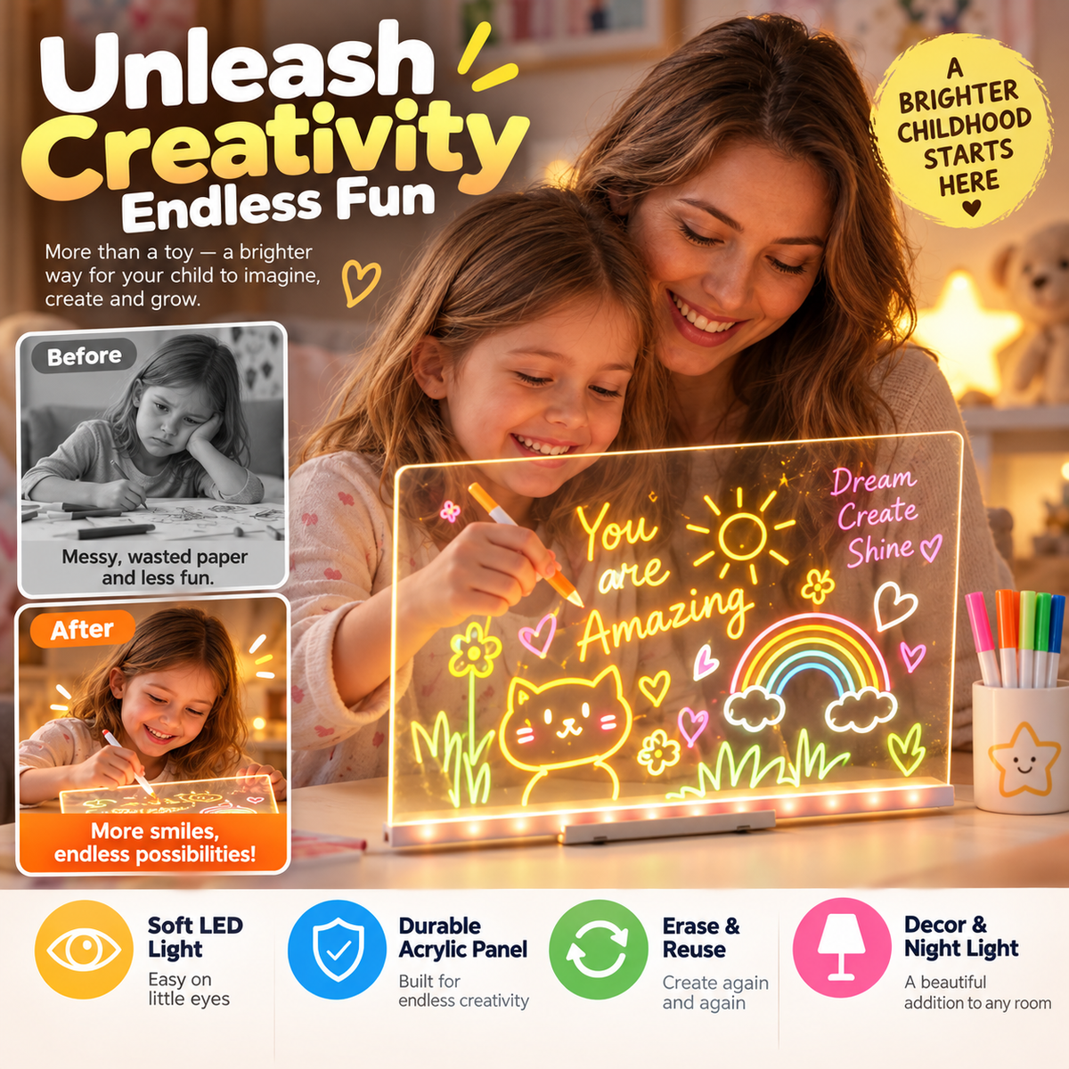🎨 Glowing Acrylic Drawing Board – 50% OFF! LED-lit display, wipe & redraw, 3 sizes, stand included – creative desk art that glows. 🖍️