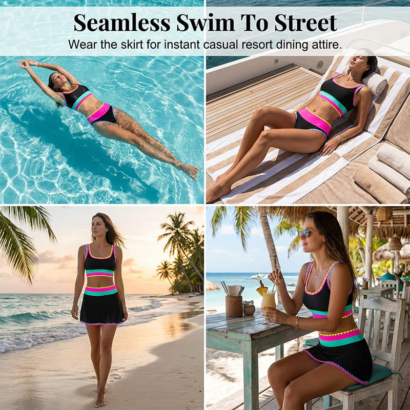 ⏳🔥50% OFF & Free Shipping🔥 ⏰Color Block Patchwork Nylon Sporty 3-Piece Bikini Set - High Waisted & Tummy Control Swimsuit👙🌈