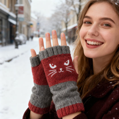 ⚡⚡Christmas Hot Sale 50% OFF!🔥Warm and Cuddly🧤Women's Knitted Fingerless Gloves with Cute Cat Pattern🐱