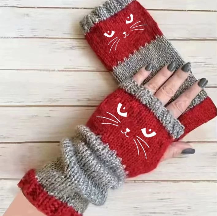⚡⚡Christmas Hot Sale 50% OFF!🔥Warm and Cuddly🧤Women's Knitted Fingerless Gloves with Cute Cat Pattern🐱