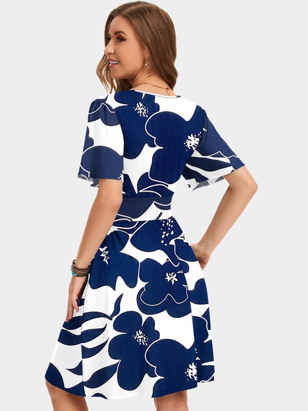 🌸 50% OFF NOW! 🌸Women's Ruffle Sleeve Sexy Sundress Floral V Neck Short Wrap Dress with Pockets