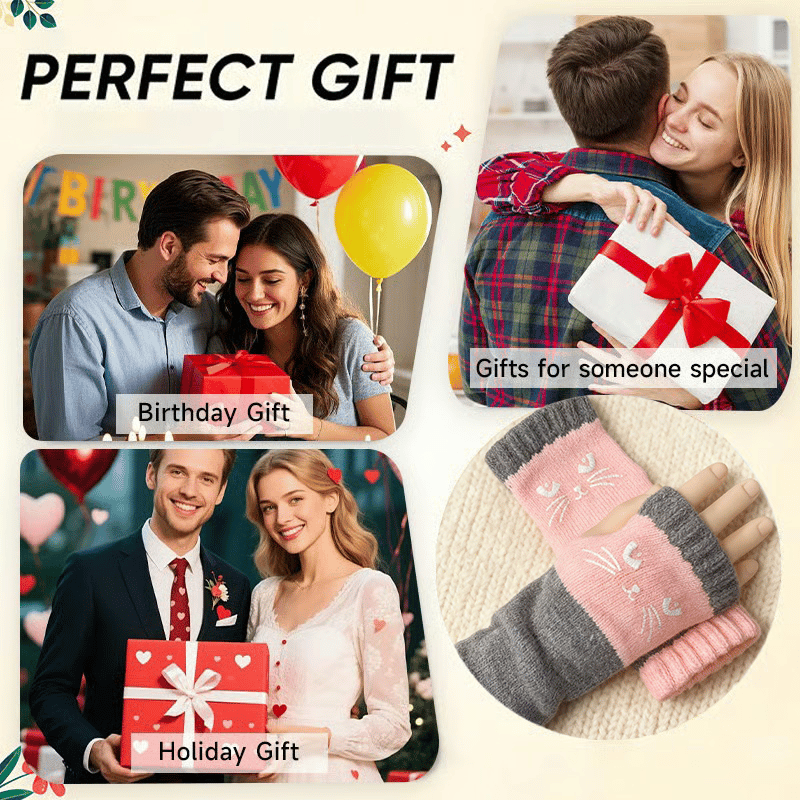 ⚡⚡Christmas Hot Sale 50% OFF!🔥Warm and Cuddly🧤Women's Knitted Fingerless Gloves with Cute Cat Pattern🐱