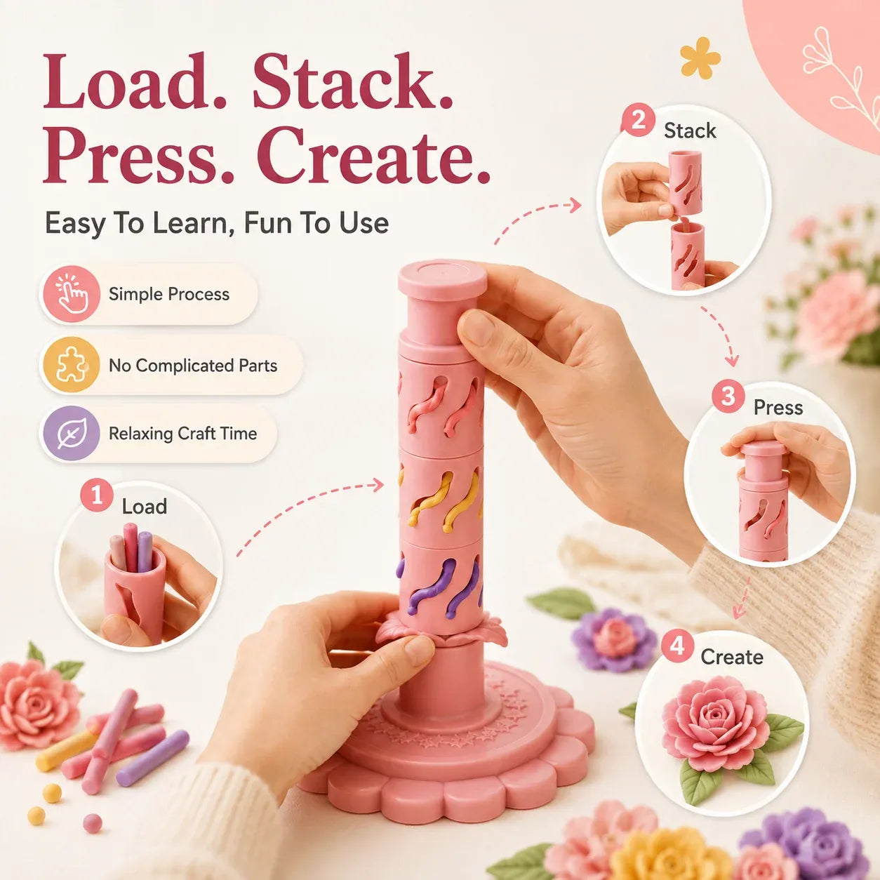 ⏳50% OFF – 🌸 Beginner-Friendly Clay Bloom Maker Set | Reusable 3D-Printed Flower Shaping Tool with Interchangeable Sleeves & 24-Color Modeling Clay Included ✨