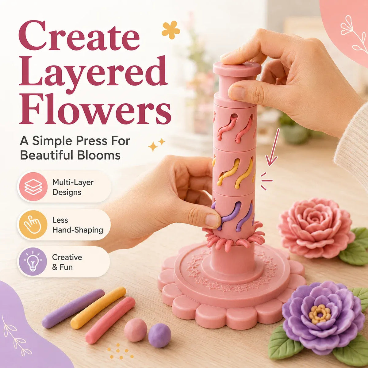 ⏳50% OFF – 🌸 Beginner-Friendly Clay Bloom Maker Set | Reusable 3D-Printed Flower Shaping Tool with Interchangeable Sleeves & 24-Color Modeling Clay Included ✨