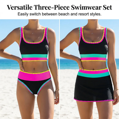 ⏳🔥50% OFF & Free Shipping🔥 ⏰Color Block Patchwork Nylon Sporty 3-Piece Bikini Set - High Waisted & Tummy Control Swimsuit👙🌈