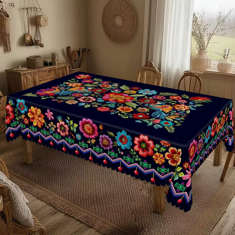 📢📢50% OFF !! ⏰Mexican Floral Tablecloth With Scalloped Edge