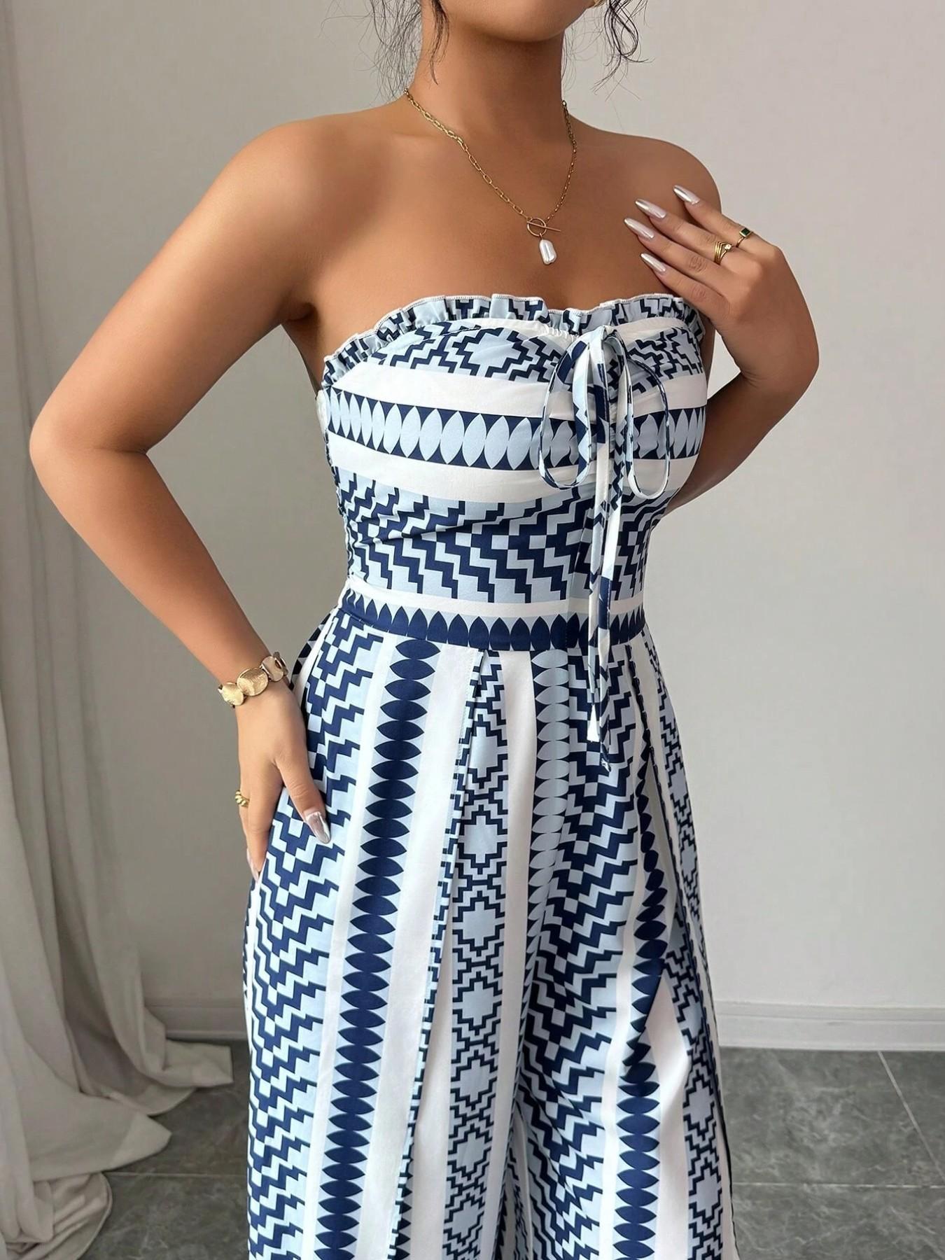 🎁New Arrival 50% OFF💥 Geometric Jumpsuit with Halter Neckline & Side Slit – Unique Print, Elegant Fit, Versatile Style ✨