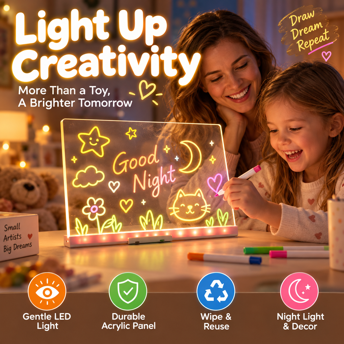 🎨 Glowing Acrylic Drawing Board – 50% OFF! LED-lit display, wipe & redraw, 3 sizes, stand included – creative desk art that glows. 🖍️