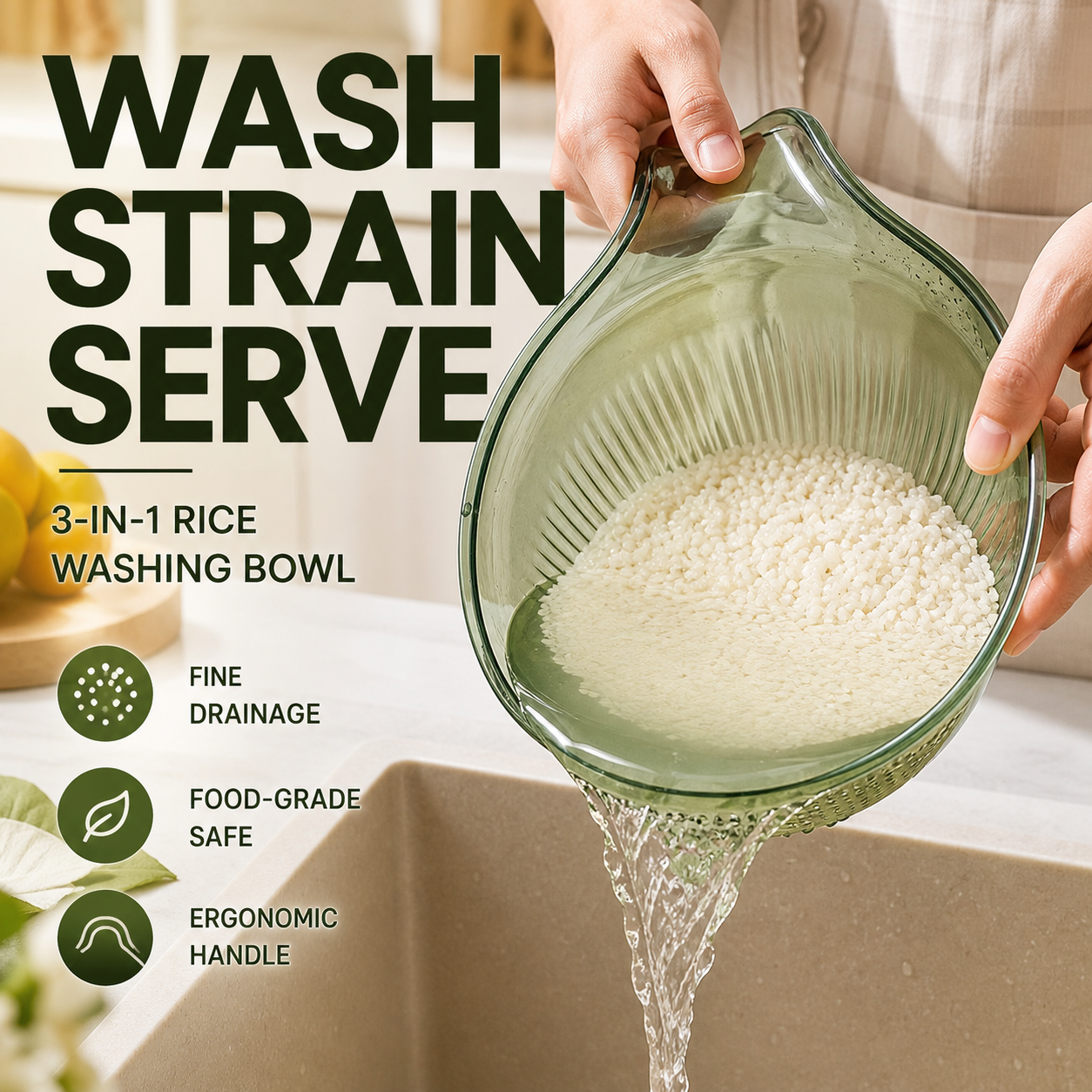 🥳HOT SALE🥳💞50K+ SOLD! Rice Washing Bowl – From £7.99! Dual-function, fine mesh & ergonomic handle. Washes & drains perfectly – grab yours! ✅