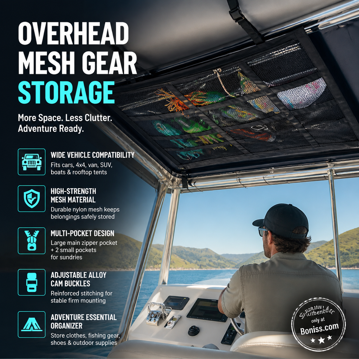 🚤 Save 50%! 🎣 Overhead Mesh Storage Net – Multi‑pocket & adjustable for SUV/van ✨