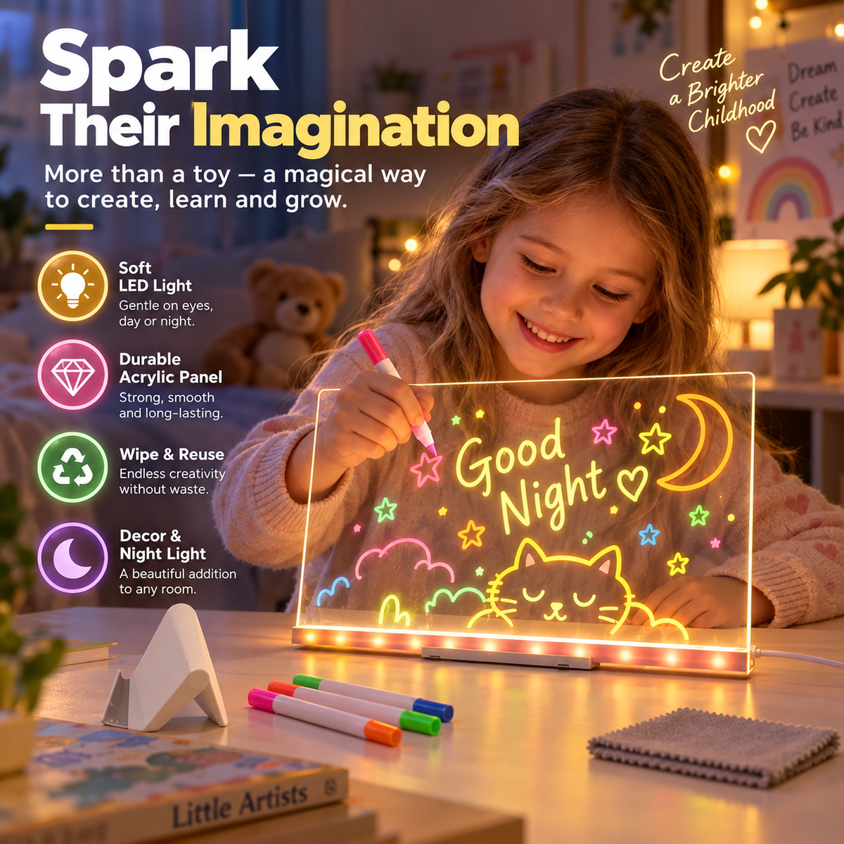🎨 Glowing Acrylic Drawing Board – 50% OFF! LED-lit display, wipe & redraw, 3 sizes, stand included – creative desk art that glows. 🖍️