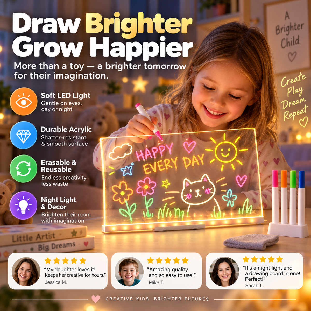 🎨 Glowing Acrylic Drawing Board – 50% OFF! LED-lit display, wipe & redraw, 3 sizes, stand included – creative desk art that glows. 🖍️