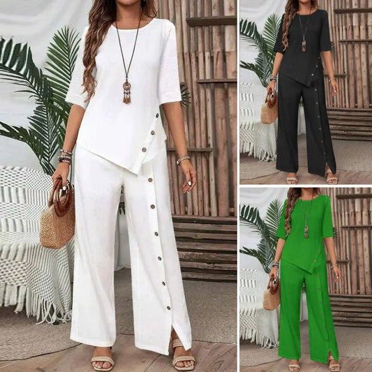 ✨2026New Style✨Trendy Irregular Hem Blouse with Wide Leg Pants – Elegant Daily Two-Piece Outfit