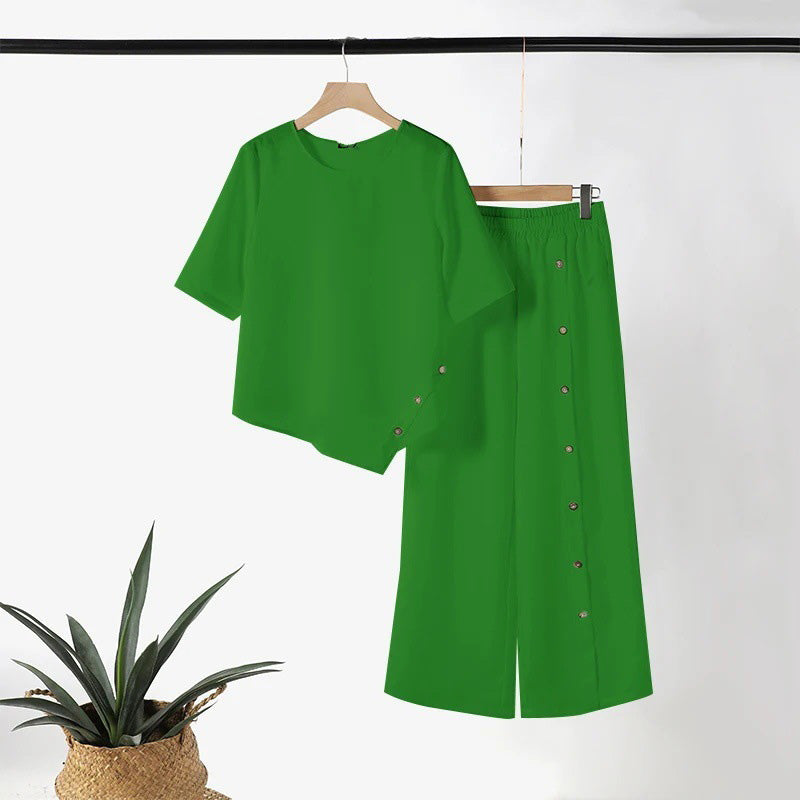 ✨2026New Style✨Trendy Irregular Hem Blouse with Wide Leg Pants – Elegant Daily Two-Piece Outfit