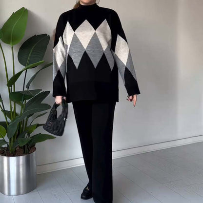🔥Limited-time offer-Fashion Color-blocking Rhombus Sweater & Pants Set