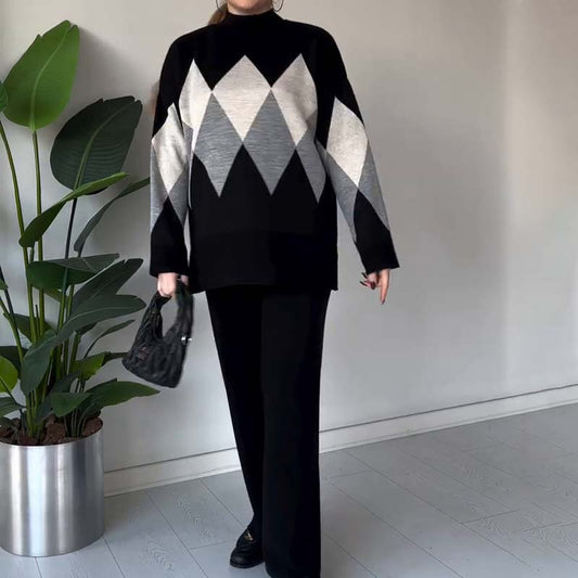 🔥Limited-time offer-Fashion Color-blocking Rhombus Sweater & Pants Set