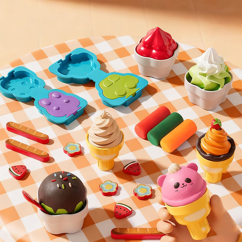 🎄 50% OFF! 🍦 DIY ICE CREAM PLAY DOUGH - 6 Colors & 10 Tools, Non-Toxic Sensory Toy for Creative Role Play, Perfect Gift for Kids Aged 3-8 🎁✨