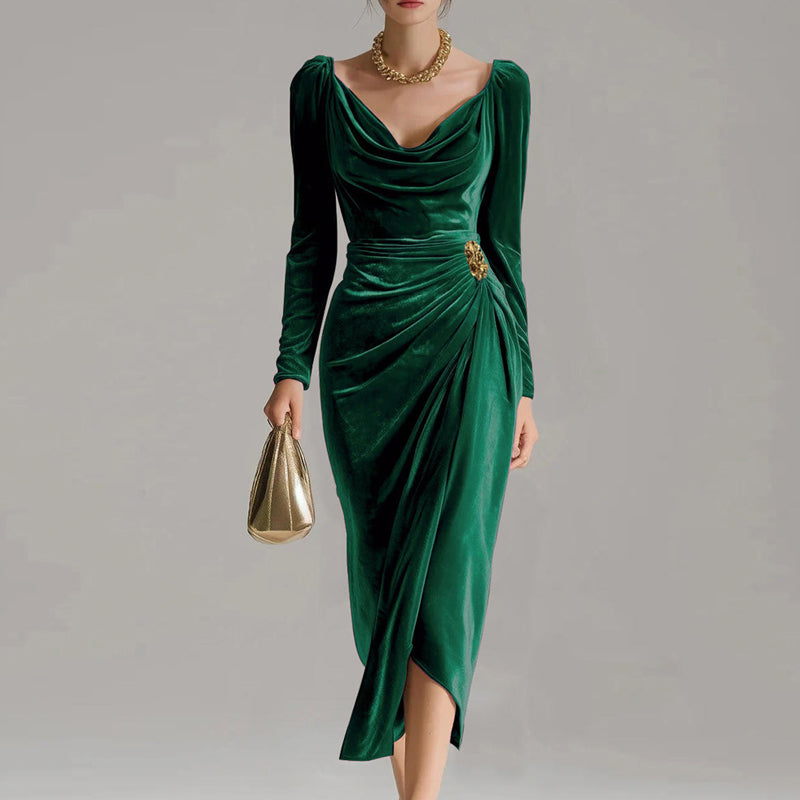 ✨Comfortable and elegant! 💃Long Sleeve Cowl Neck Ruched Slit Dress
