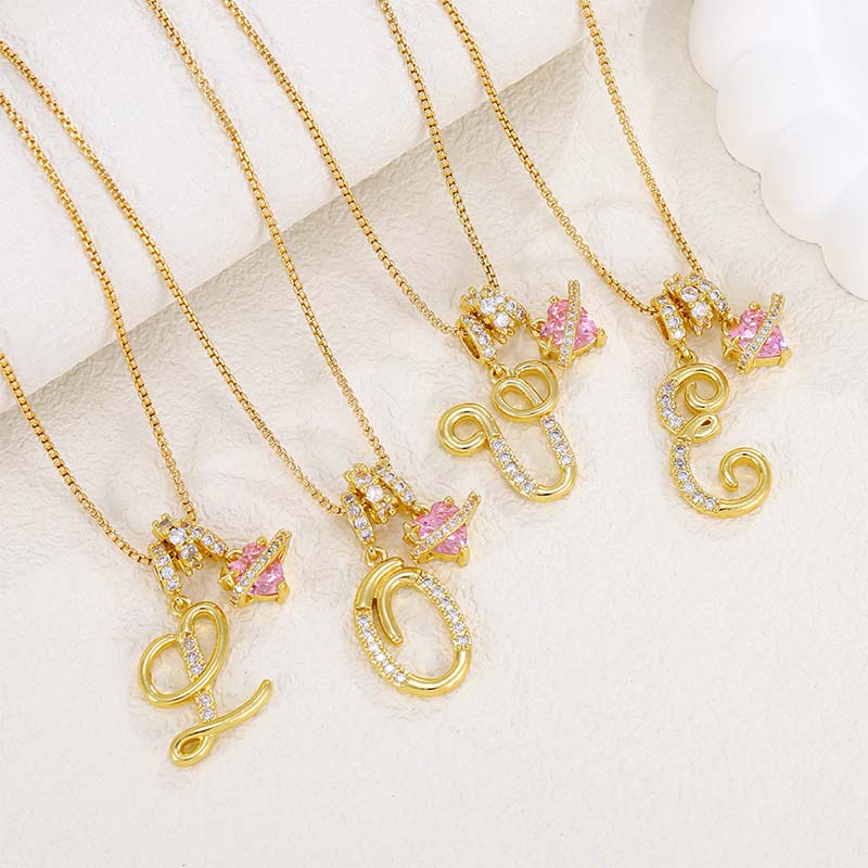 💖 Initial Letter Necklace with Pink Heart Charm – Personalized Love Token