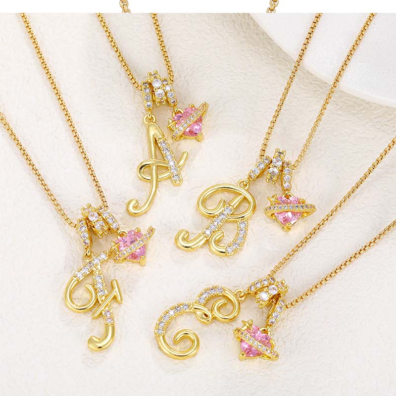 💖 Initial Letter Necklace with Pink Heart Charm – Personalized Love Token