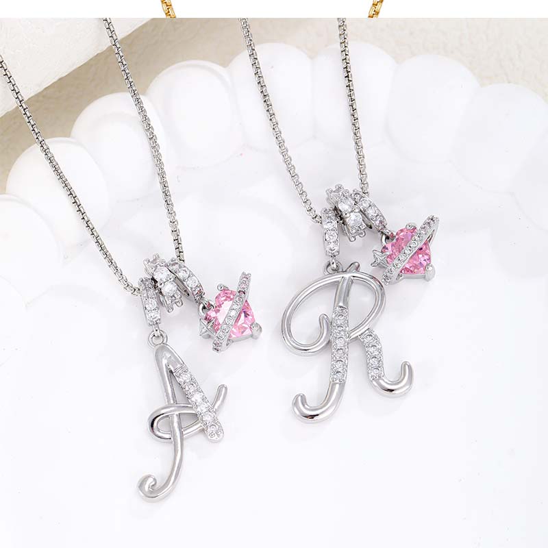 💖 Initial Letter Necklace with Pink Heart Charm – Personalized Love Token