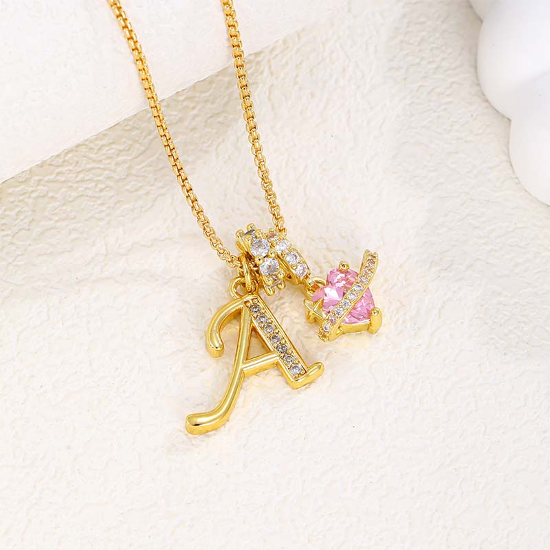💖 Initial Letter Necklace with Pink Heart Charm – Personalized Love Token