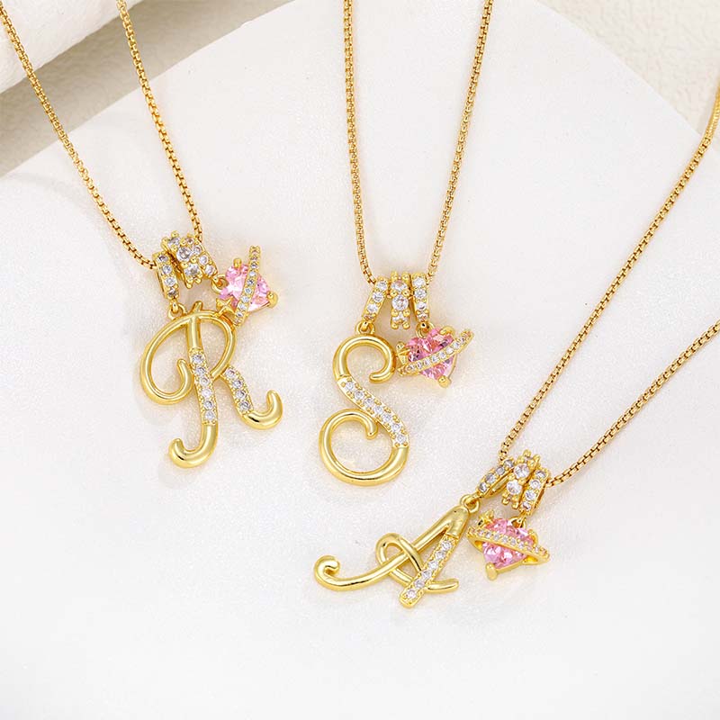 💖 Initial Letter Necklace with Pink Heart Charm – Personalized Love Token