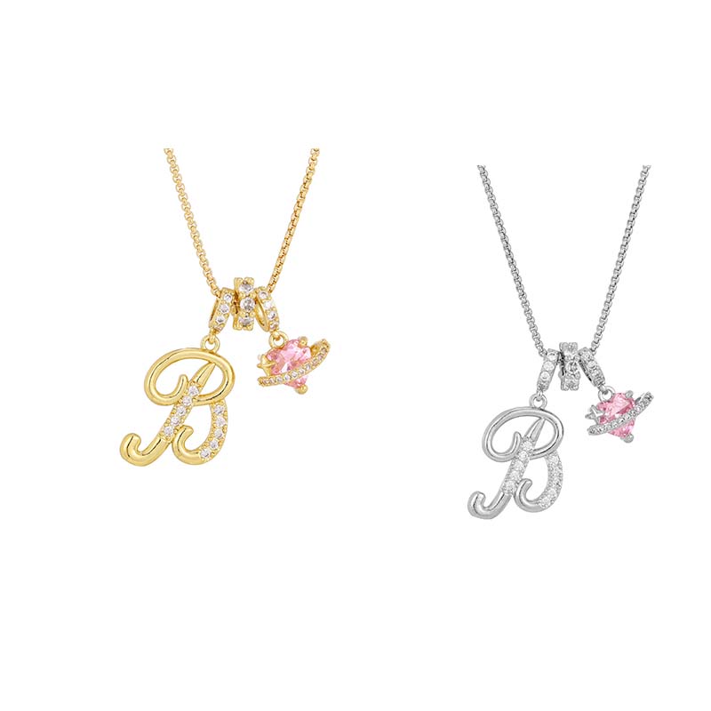 💖 Initial Letter Necklace with Pink Heart Charm – Personalized Love Token