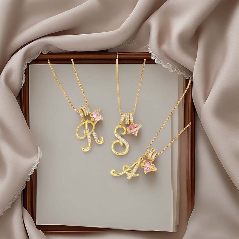 💖 Initial Letter Necklace with Pink Heart Charm – Personalized Love Token