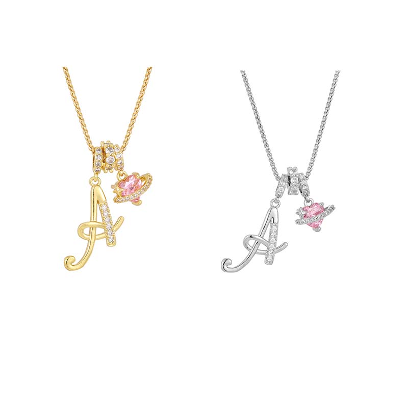 💖 Initial Letter Necklace with Pink Heart Charm – Personalized Love Token