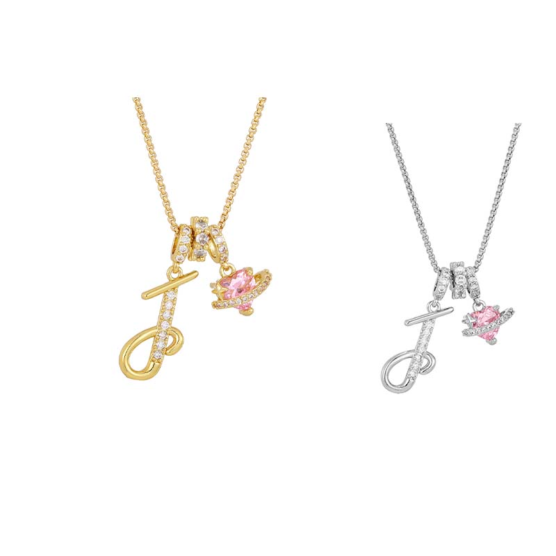 💖 Initial Letter Necklace with Pink Heart Charm – Personalized Love Token