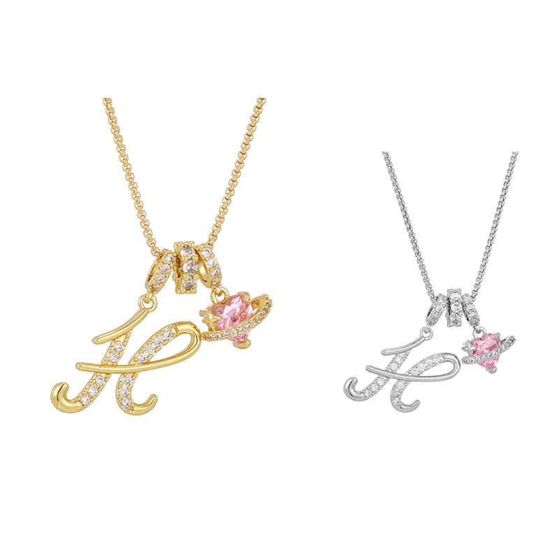 💖 Initial Letter Necklace with Pink Heart Charm – Personalized Love Token