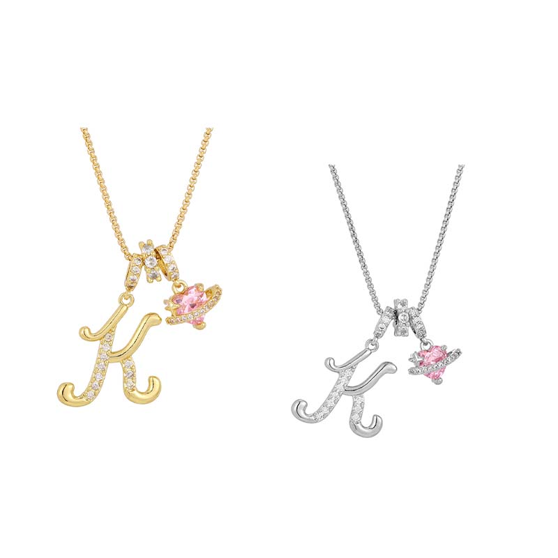 💖 Initial Letter Necklace with Pink Heart Charm – Personalized Love Token