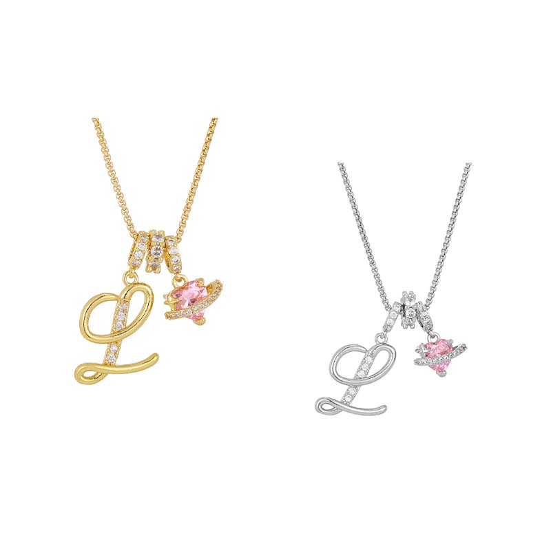 💖 Initial Letter Necklace with Pink Heart Charm – Personalized Love Token
