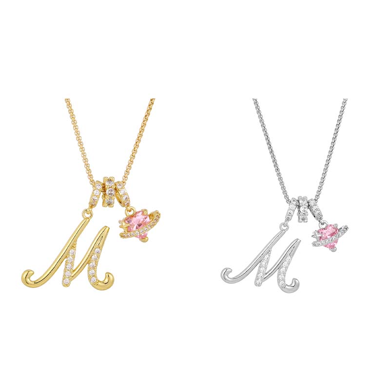 💖 Initial Letter Necklace with Pink Heart Charm – Personalized Love Token