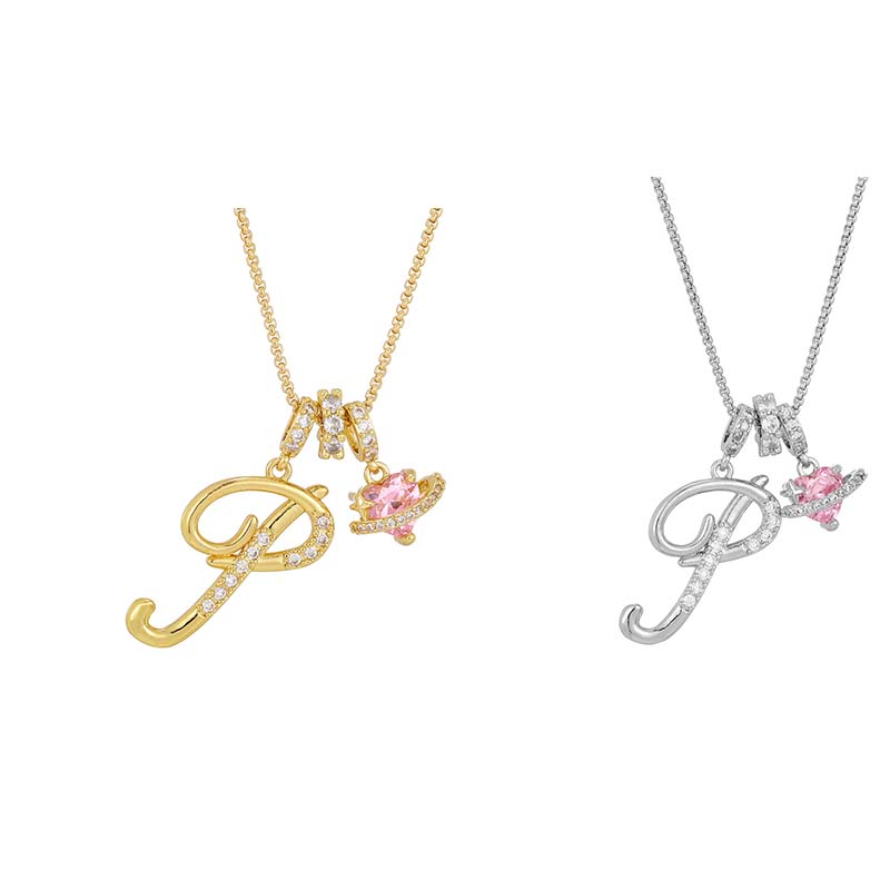 💖 Initial Letter Necklace with Pink Heart Charm – Personalized Love Token
