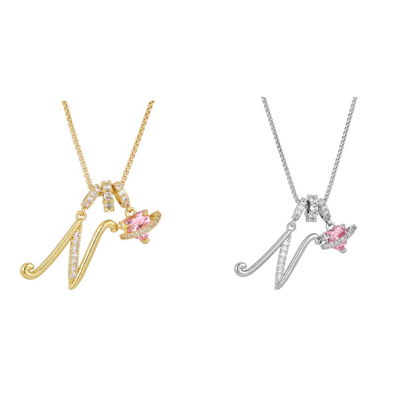 💖 Initial Letter Necklace with Pink Heart Charm – Personalized Love Token