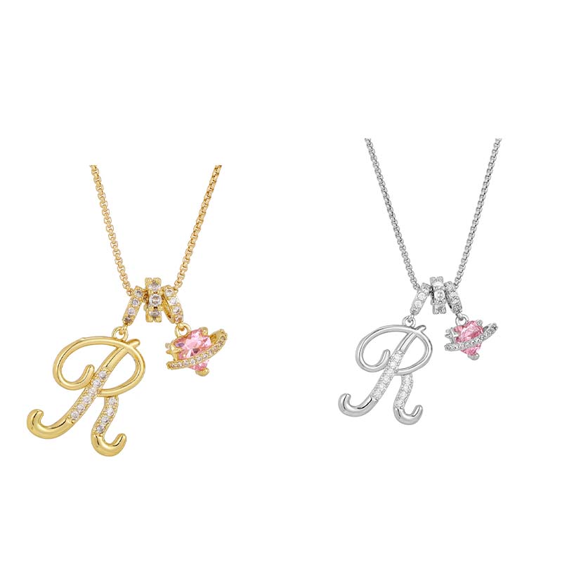 💖 Initial Letter Necklace with Pink Heart Charm – Personalized Love Token