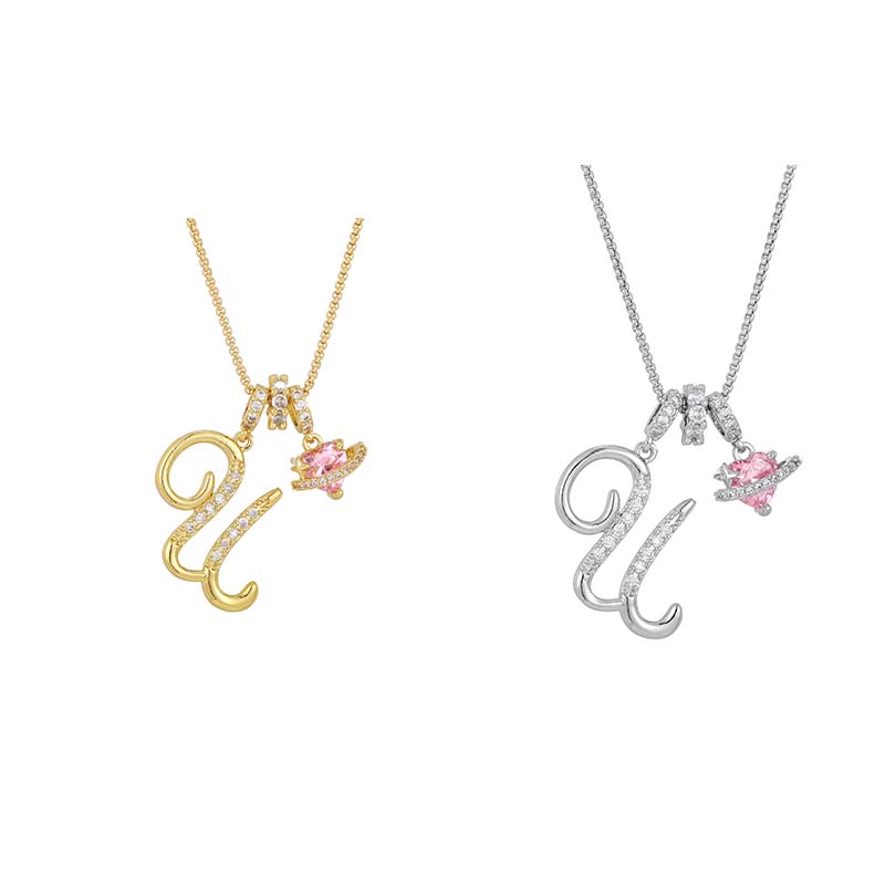 💖 Initial Letter Necklace with Pink Heart Charm – Personalized Love Token