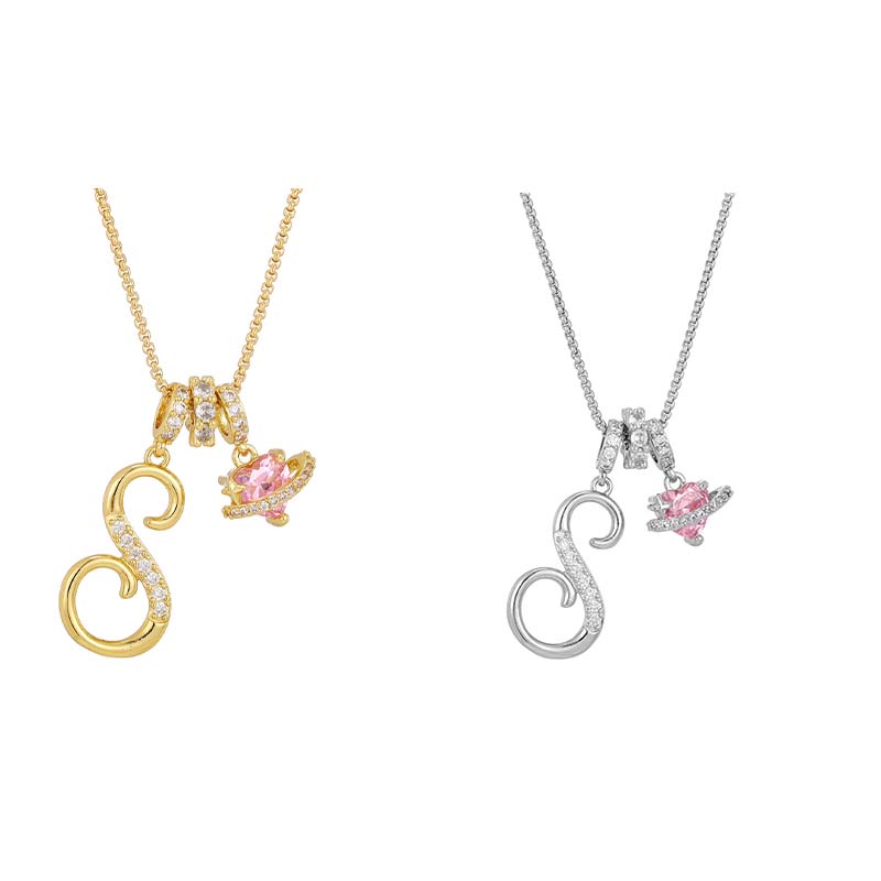 💖 Initial Letter Necklace with Pink Heart Charm – Personalized Love Token