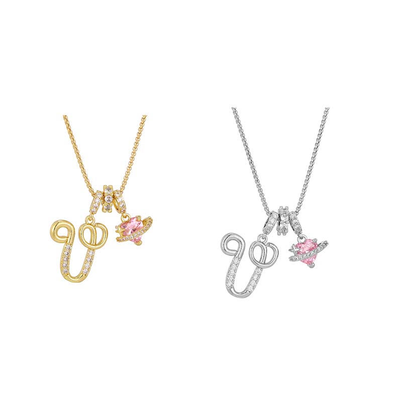 💖 Initial Letter Necklace with Pink Heart Charm – Personalized Love Token