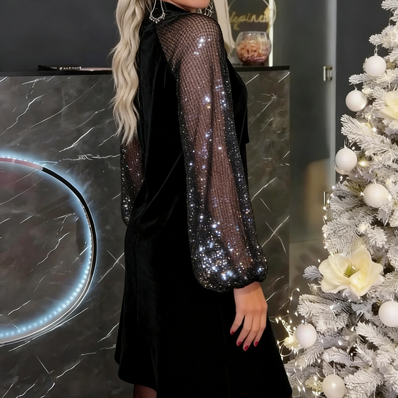 ⏳Limited-time 50% off⏰Women's Sequin Bow Tie Neck Dress✨👗