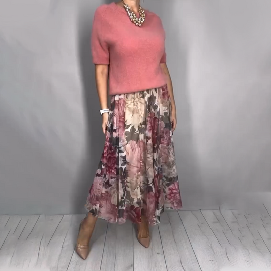 Elegant Floral Knit Top & Midi Skirt 2-Piece Set