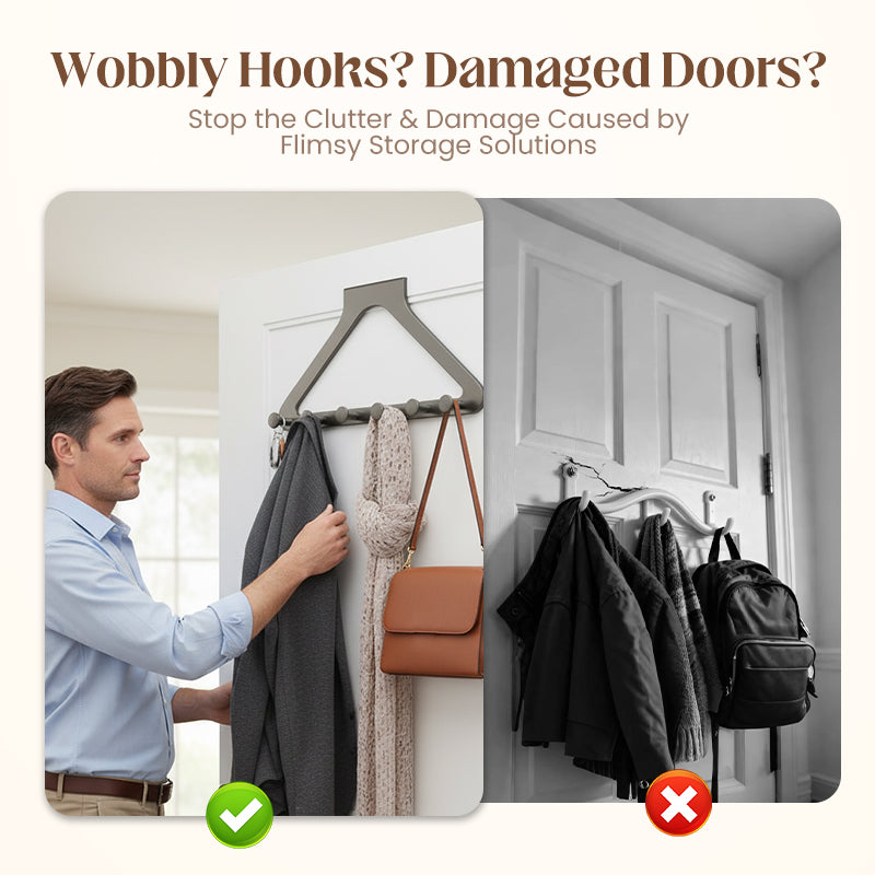 50% OFF NOW! 6-Hook Over-the-Door Rack – No Drilling Heavy-Duty Carbon Steel Hanger, Tool-Free Installation, Space Saving Organizer for Clothes Bags Keys
