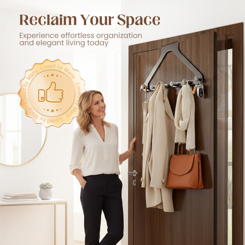 50% OFF NOW! 6-Hook Over-the-Door Rack – No Drilling Heavy-Duty Carbon Steel Hanger, Tool-Free Installation, Space Saving Organizer for Clothes Bags Keys